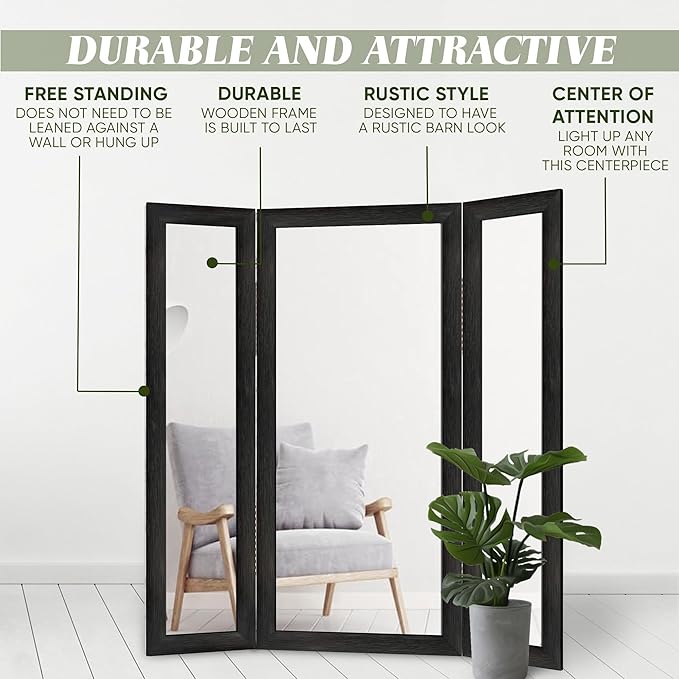 Houseables 3 Way Mirror, Floor Mirror, Full Length, Trifold, Three Way Folding, Floor Standing, Full Body, Wood Framed, 3 Sided for Bedroom, Makeup, Oversized, Foldable, Black, 71 x 32 to 65 Inch