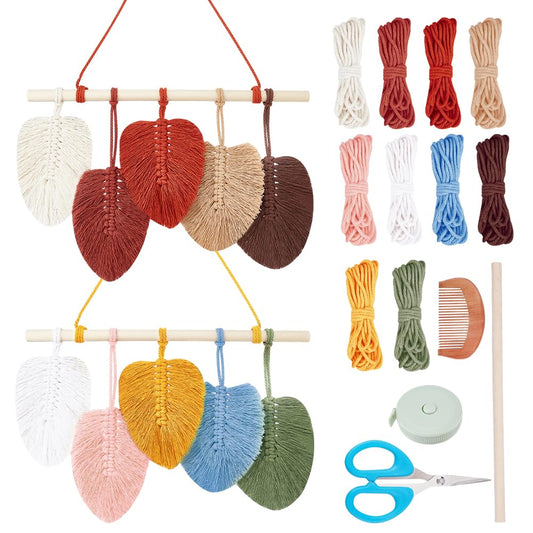 FREEBLOSS 2 Set DIY Macrame Leaf Wall Hanging Kit Macrame Feather Wall Art 10 Colors Cotton Cords 30cm Macrame Kit with Instruction Macrame Wall Tapestry for Bedroom Birthday Gift