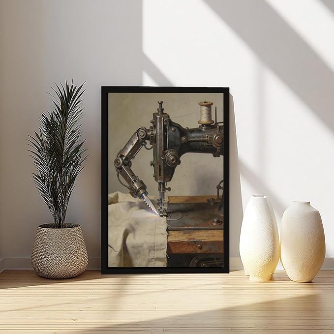 Framed Steampunk Mechanical Sewing Machine Wall Art - Retro Industrial Workshop Poster for Home Office Studio Decor 12x18in