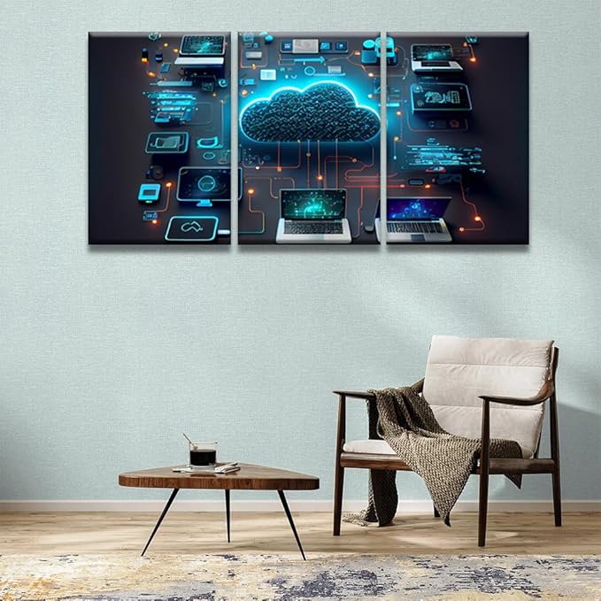 LSIUHWUWI Modern Wall Art for Living Room Cloud Technology Computing Smart Home Communication Laptop Pictures for Home Wall Decoration,Print On Canvas Wooden Framed Ready to Hang, 16x24inchx3