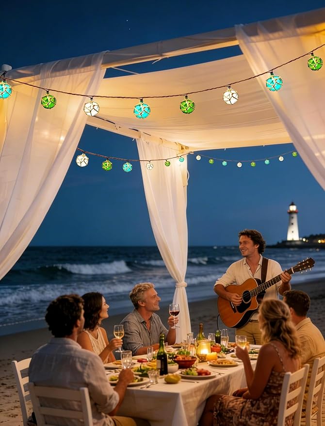8.5Ft Nautical Fishing Float String Lights, Plug in Beach Themed Buoy Lights Set of 10 LED Tiki Bar Lights Indoor Home Decor and Outdoor Patio Decorations-Blue/Green/White