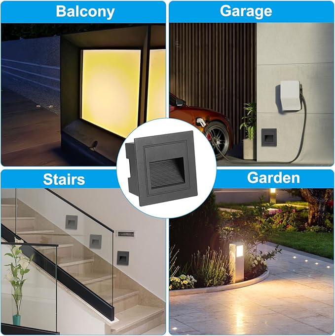 PATIKIL 4000K LED Step Light, 4 Pack 3W 120V Recessed Stair Light Aluminum Waterproof 105lm Warm White Stairway Lights Indoor Outdoor, Black Shell
