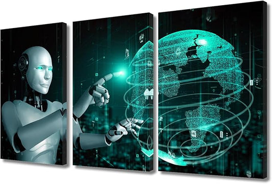 TUMOVO 3 Panels Canvas Wall Art - Robot Canvas Wall Art AI Paintings Canvas Print Large Wall Decor AI Intelligence Pictures Modern Artwork for Wall Decorations Framed Ready to Hang, 36" Wx24 H