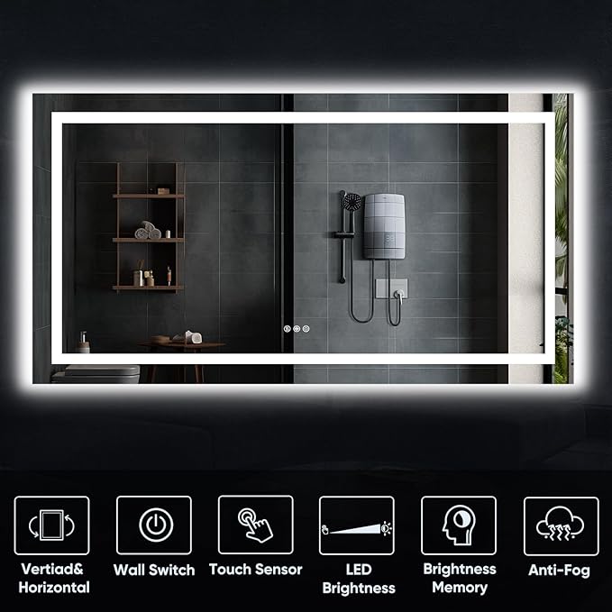 LED Bathroom Mirror, 60"x28" with Frontlit and Backlit Anti-Fog Mirror with Lights LED Vanity Mirror for Bathroom 3 Colors Temperature & Dimmable Bathroom Mirror with HD Tempered Glass