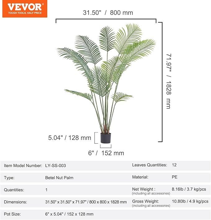 VEVOR Artificial Palm Tree, 6 FT Tall Faux Plant, Secure PE Material & Anti-Tip Tilt Protection Low-Maintenance Plant, Lifelike Green Fake Tree for Home Office Warehouse Decor Indoor Outdoor