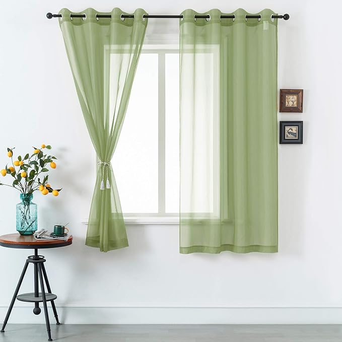 DUALIFE Sage Green Sheer Curtains 63 Inch Length for Kitchen 2 Panels Set with Grommet Window Treatments for Living Room Bathroom Dining Room St Patric Day Decor 52X63 Inches Long(Light Green)