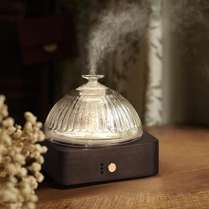 Glass Dome Essential Oil Diffuser with Glass Reservoir & Wood Base-Plastic Free, 200ml Ultrasonic Diffuser for Aromatherapy with Timer 7 Color Light Auto-Off for Home Office Yoga Dark Brown