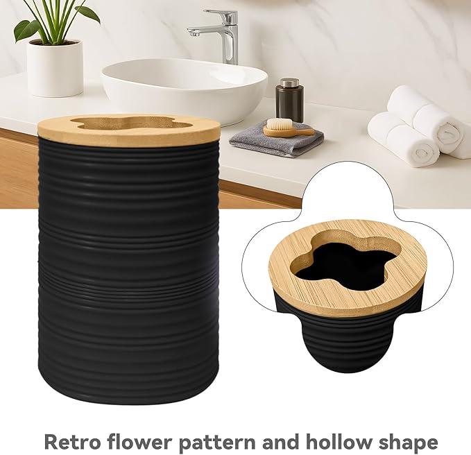 Bathroom Accessories Set 4 PCS, Bamboo Bathroom Accessory Set Includes Soap Dish, Soap Dispenser, Toothbrush Holder, Toothbrush Cup, Bathroom Sets Accessories, Boho Bathroom Decor(Black)