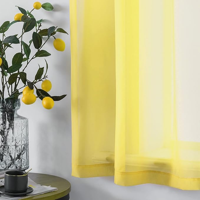 DUALIFE Yellow Sheer Curtains 63 Inch Length for Bedroom 2 Panels Grommet Solid Color Look Semi Sheer Sunmmer Curtains for Living Room Dining Bathroom Basement Kitchen 52x63 Inches Long