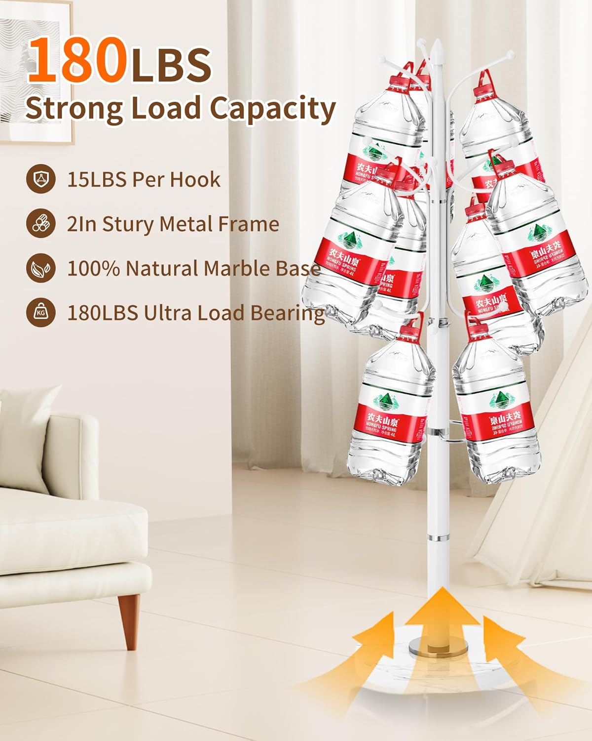 EZIVIEZ Modern Coat Rack Stand, Metal Freestanding Coat Rack with Natural Marble Base, Heavy-Duty Coat Racks with Umbrella Holder,White Coat Hanger Stand with 12 Hooks for Office, Entryway, Hallway