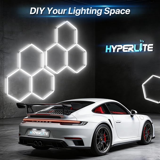 HYPERLITE Gen 2 Hexagon Garage Light, Upgraded 3 Level Dimmable 624W 62400LM Super Bright Garage Detailing Lights, 15 Grids with Rectangle Frame Shop Light, Hexagon LED Lights for Gym