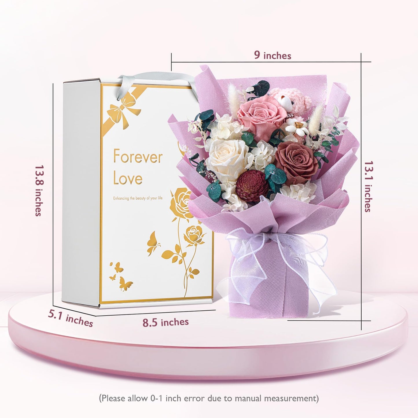 Polylove Forever Flower Bouquet Flowers for Delivery Prime Preserved Roses with Bear Gift Box for Wife Women Mother Day Anniversary Birthday
