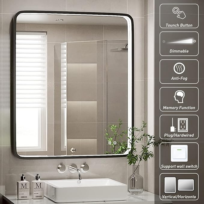 30X36 Inch LED Mirror for Bathroom,Black Metal Frame Lighted Vanity Mirror,Large Wall Mounted Makeup Mirror,6000K,Dimmable Anti-Fog