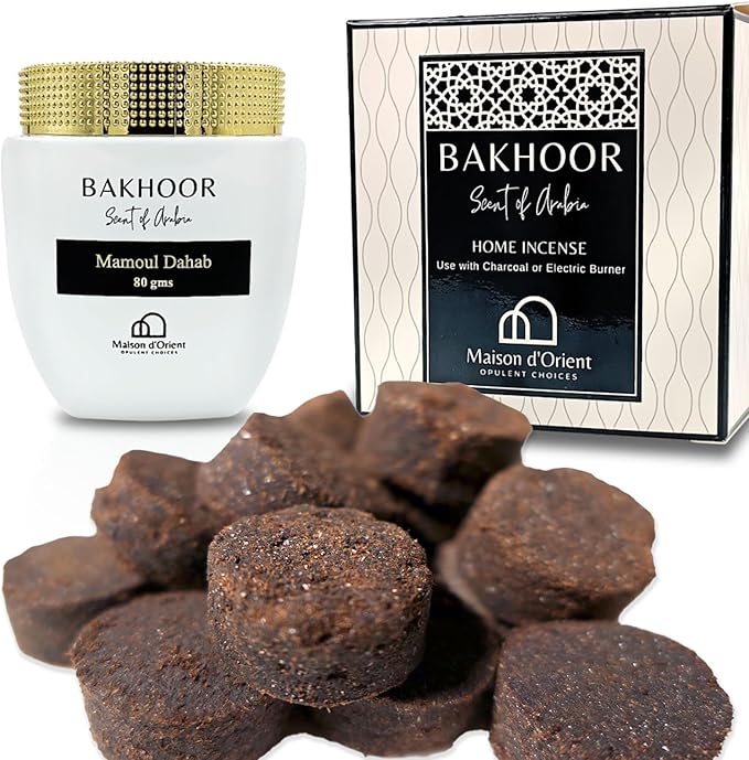 Mamoul Dahab 80g Oud Incense (Pressed Resin Disks) | Use with Bakhoor Charcoal (Carbon para) or Electric Bukhoor Burner Mabkhara Set | Meditation Decor & Stress Relief Arabian Home Fragrance