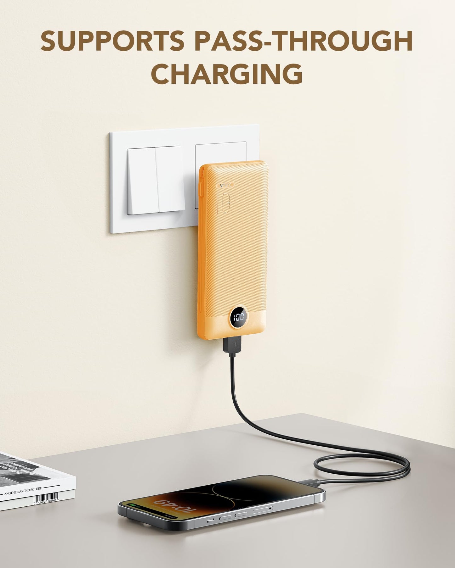VRURC Portable Charger Built-in Cables and AC Wall Plug, USB C Power Bank 10000mAh, Travel Battery Phone Charger Compact Lightweight External Battery Pack for Smart Phones, Tablets etc-Orange