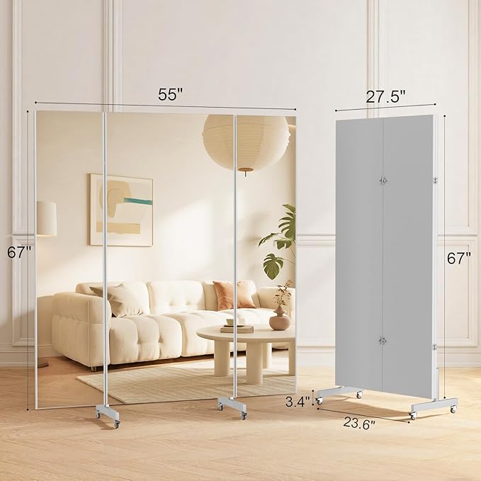 brisafe 67"x55" Folding Mirror with Wheels, 3-Panel Full Length Wall Mirror, Space-Saving Design, Shatterproof Nano Material, Portable Floor Mirror for Gym, Dance Studio, Home, Commercial Use, Black
