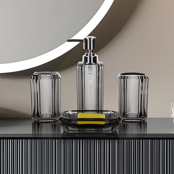 4-Piece Modern Gray Bathroom Accessories Set — Soap Dispenser, Soap Dish, Mouthwash Cup & Toothbrush Holder, Glossy Acrylic with Gray Finish, Vanity Countertop Organizer