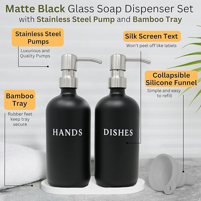 Black Glass Hand and Dish Soap Dispenser Set with Bamboo Tray – 16 oz Kitchen Soap Dispenser Set, Stainless Steel Pumps, Silicone Funnel – Modern Farmhouse Kitchen Sink Decor and Accessories