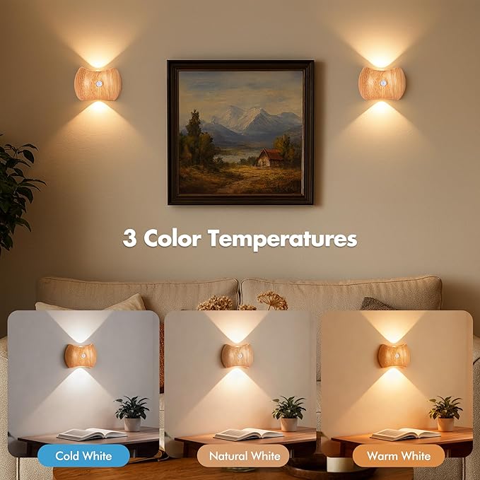 Motion Sensor Wall Lights Indoor - Rechargeable Wall Lights Up & Down, Wireless Battery Operated Wall Sconce Set of 2 for Bedroom, Hallway, Stair, Living Room Decor, Wood Cordless Magnetic Lamp Light