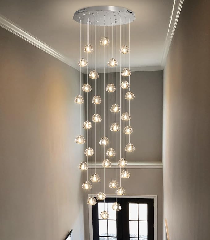W27.5 x H197 Extra Large Chandelier Bubble Crystal Balls Glam Chandeliers Dimmable Light High Ceiling Pendants Light Fixtures Adjustable Long Lights Silver Chrome