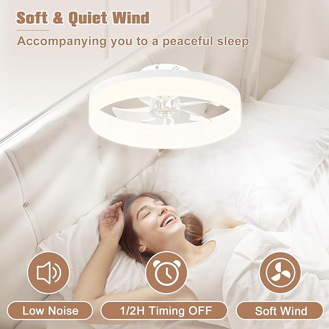 VOLISUN Low Profile Ceiling Fans with Lights and Remote,15.7in Modern Ceiling Fan Flush Mount, 3000K-6500K Dimmable Bladeless LED Fan Light,White Fandelier Ceiling Fans with Lights for Bedroom