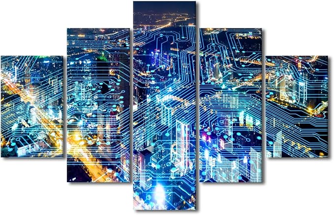 Canvas Art for Living Room Modern Internet Companies Corridor Decor 5 Panel Wall Art Internet Workers Meeting Room Wall Decoration Men Bedroom Poster Decorate Stretched Ready to Hang 60x40 Inch
