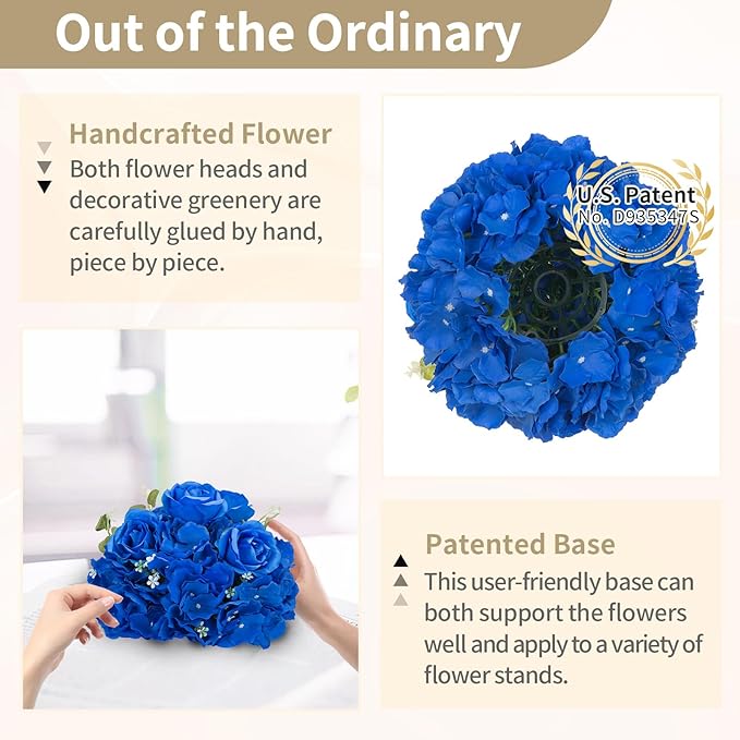 NUPTIO Royal Blue Flowers for Centerpieces: 2 Pcs 11.8 inch Diam Artificial Flower Balls for Centerpieces - Fake Flower Ball Arrangement Bouquet Rose Wedding Centerpieces for Tables Decorations