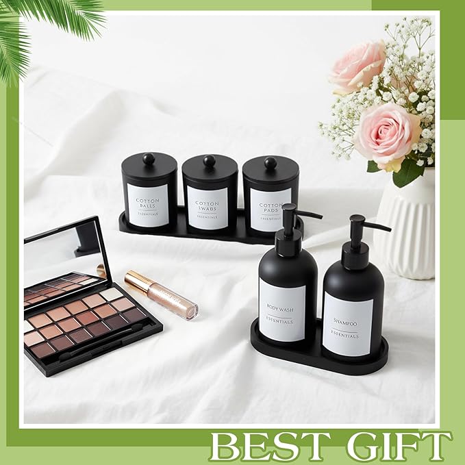 Yaomiao 5 Pack Black Frosted Glass Bathroom Accessories Set Kitchen Modern Liquid Soap Dispenser Set with Pump and Wood Tray Toothbrush Holder Cotton Swab Jars with Lids for Sink Countertop Home Decor