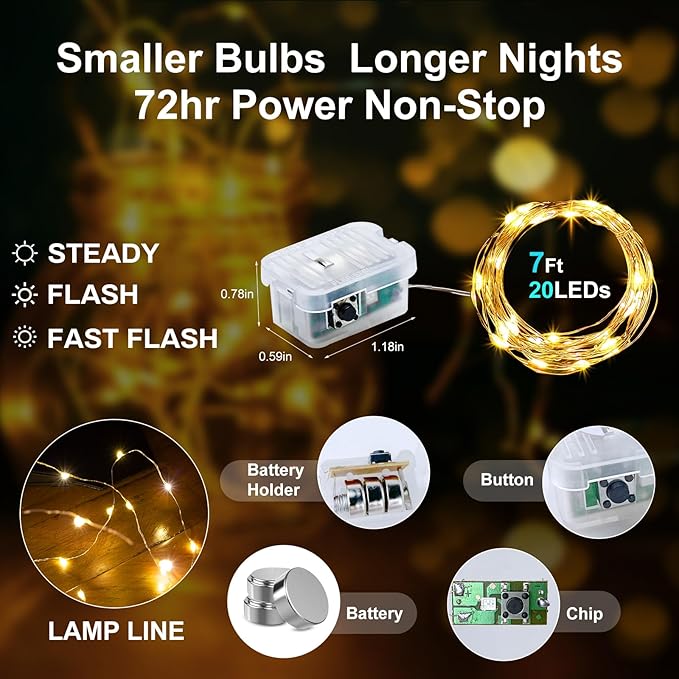 Aogist 100 Pack Fairy Lights 3 Modes 7ft 20 LED Waterproof,Battery Operated Silver Wire Firefly Starry Moon Mini String Lights for Mason Jars Christmas DIY Crafts Wedding Party Bedroom,Warm White