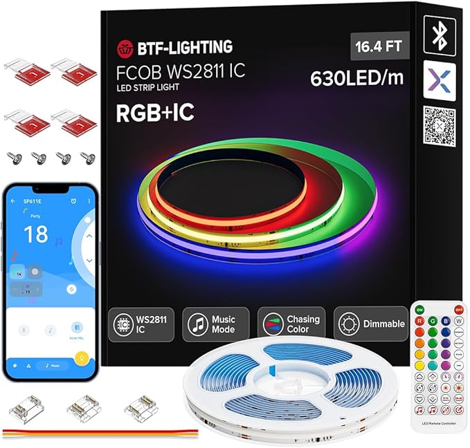 BTF-LIGHTING FCOB WS2811 IC RGB COB LED Strip 16.4FT Chasing Color Tape Light Kit DC24V 630LED/m 10mm Width Dream Color Bluetooth Sync Music Controller for Bedroom, Party, Christmas Decor White PCB