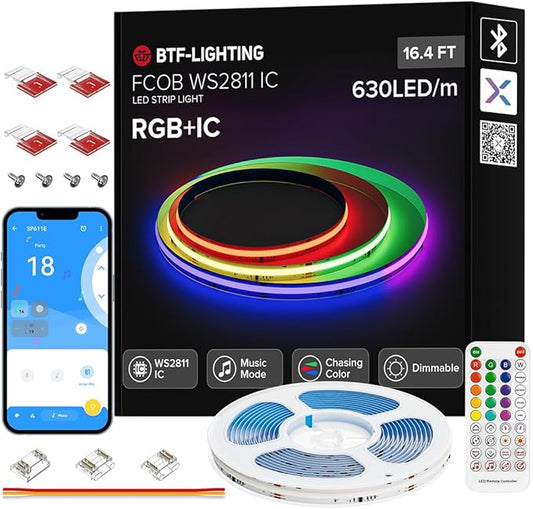 BTF-LIGHTING FCOB WS2811 IC RGB COB LED Strip 16.4FT Chasing Color Tape Light Kit DC24V 630LED/m 10mm Width Dream Color Bluetooth Sync Music Controller for Bedroom, Party, Christmas Decor White PCB