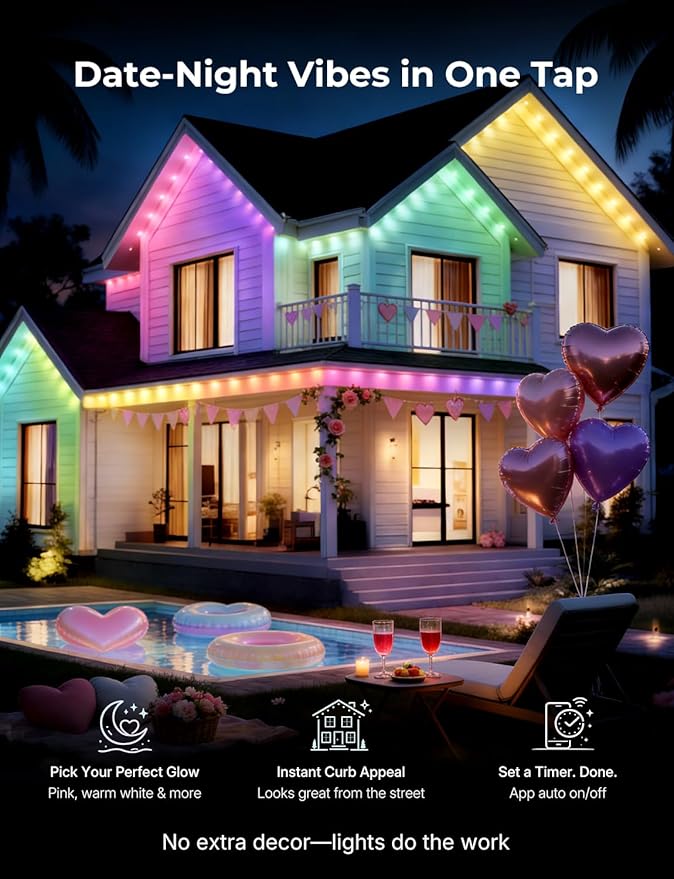 100FT Permanent Outdoor Lights for House -Eaves Lights with 50 IC+RGBCW LED IP67 Waterproof, Smart Outside LED Christmas Light with App/Remote, Eternity Lighting for Holiday/Daily