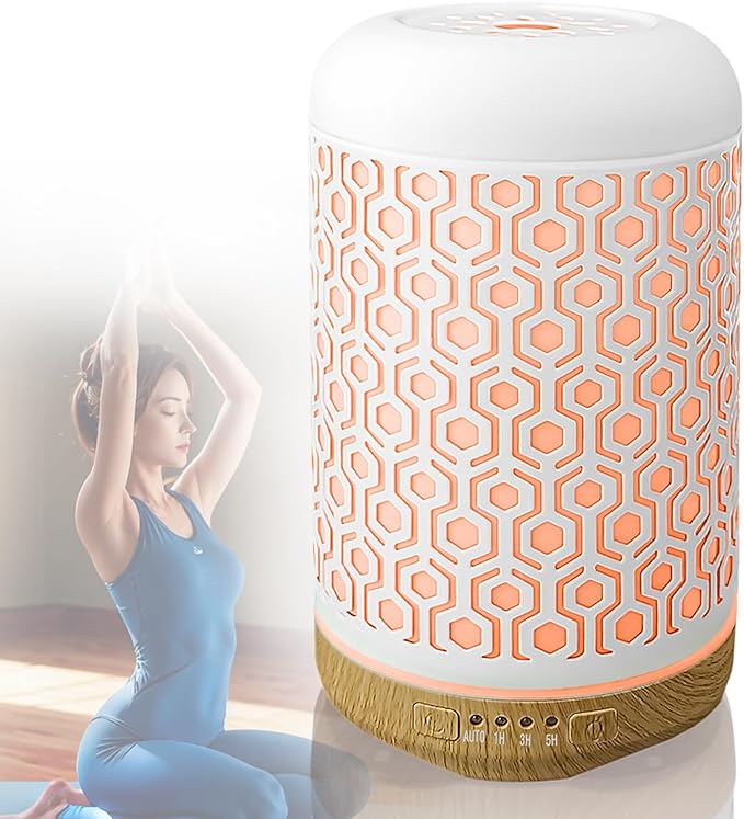 Essential Oil Diffuser, 250ml Iron-Art Ultrasonic Humidifier Aromatherapy Oil Diffuser with 4 Timer Mode & 7 Color Changing LED Lights, BPA-Free Waterless Auto-Off Aroma Diffuser (Off-White)