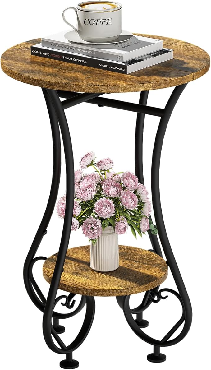 Side Table,Small Round End Table with Lower Shelf for Small Spaces,Round Bedside Nightstand Table with Metal Frame,Couch Sofa Coffee Tea Table,Retro Accent Drink Table for Living Room Bedroom Balcony
