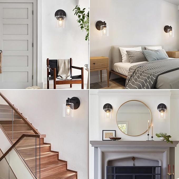 Black Wall Sconce,Wall Light Fixtures, Modern Bathroom Light Fixture with Clear Glass Shade and Moisture and Rust Prevention,Hallway Wall Lamp Mount Light Fixtures for Wall(1PACK)