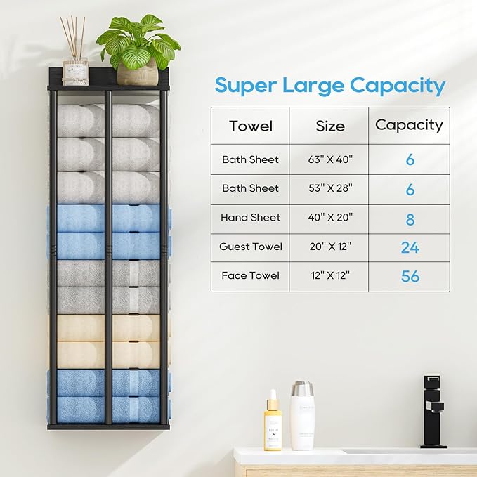 Towel Racks for Bathroom Wall Mounted with Wooden Storage Shelf, Updated 3 Bar Metal Towel Holder for Rolled Towels, Sturdy and Large Capacity, Towel Storage Organizer-Black