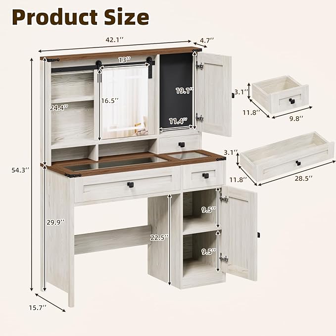 EROMMY 42" Farmhouse Makeup Vanity Desk with Lighted Mirror & Power Strips, Vanity Table with Sliding Barn Door, Open & Hidden Shelves, Drawers, Jewelry Cabinet, White Dressing Table, Light Adjustable