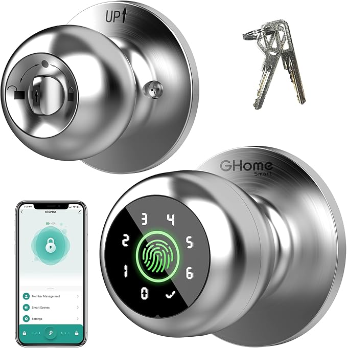 GHome Smart Fingerprint Door Lock, 4 in 1 Smart Fingerprint Door Knob with Keypad, App Control, Auto Lock, Biometric Door Knob with Lock for Bedroom, Apartment, Garage, Home & Office