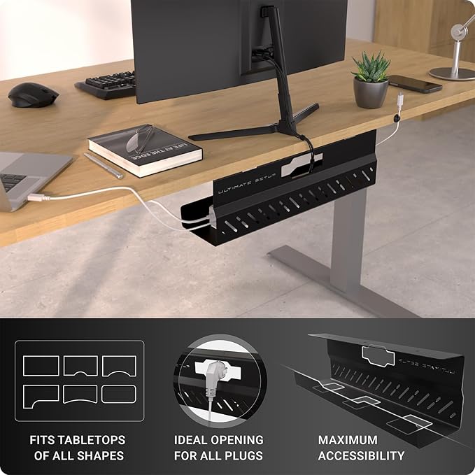 Under Desk Cable Management Tray no Drill – Wire Management - Cord Organizer – Huge Load Capacity – Under Desk Cable Tray no Drill (Black, 1 Piece Set)