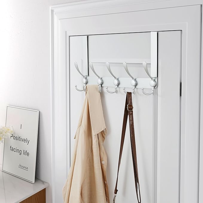 Dseap Over The Door Hook Hanger - Fits 1 3/8" to 1 3/4" Standard Doors | 5 Tri Hooks Heavy Duty Towel/Coat Rack | Door Organizer for Clothes, Jackets, Hats, Towels, Silver