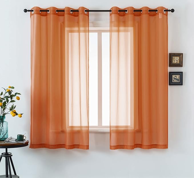 DUALIFE 54 Inch Length Sheer Curtains Burnt Orange for Bathroom 2 Panels Set Grommet Small Transparent Short Curtains for Bedroom Kitchen 52x54 Inches Long Terracotta Rust