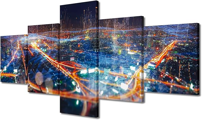 Canvas Wall Art for Office Decor 5 Panel City Lamplight Poster Native Americans Home Decor Artwork Sense of Technology Picture Printing Internet Workers Living Room Office Decor Frame 50x24 Inch