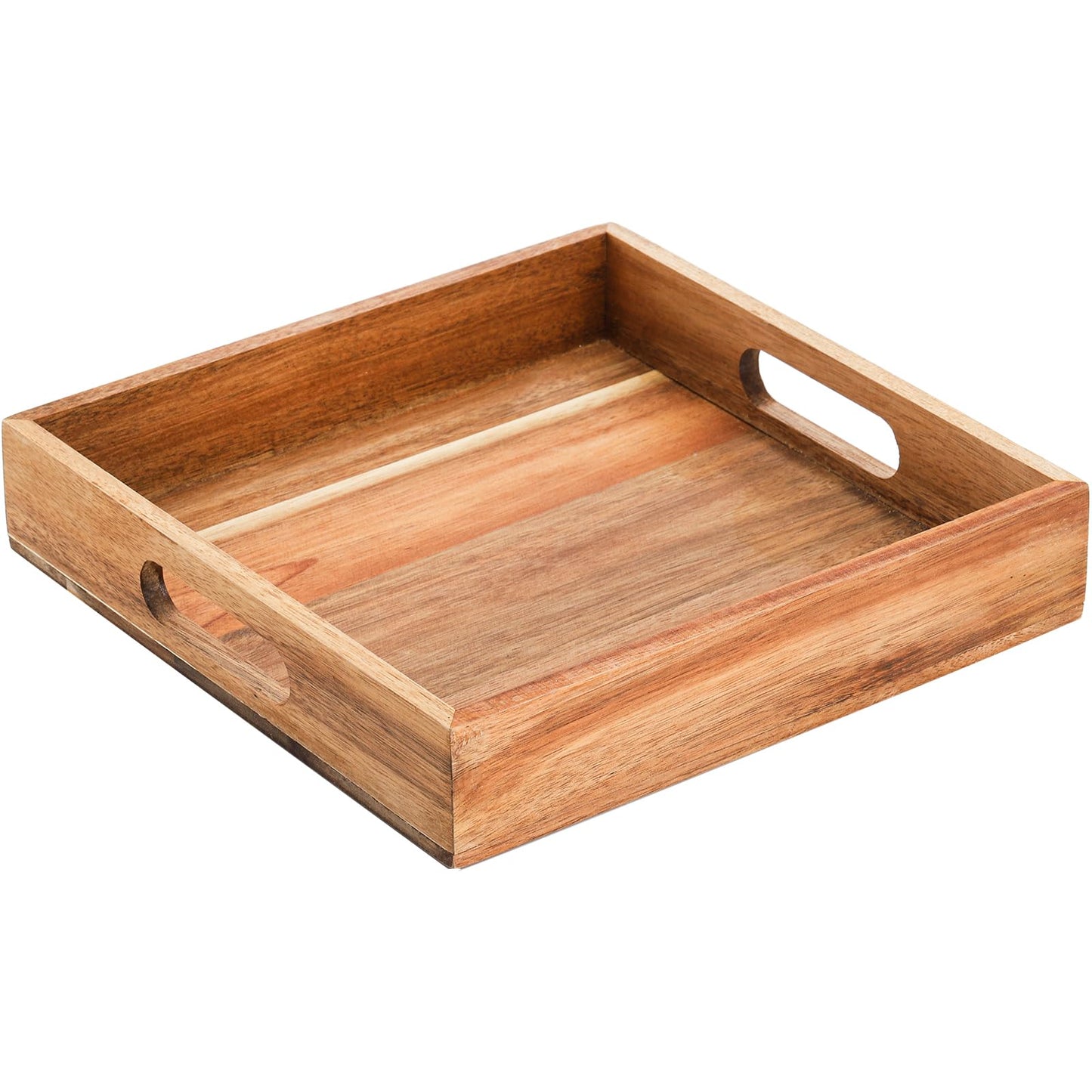 YOUEON Set of 2 Acacia Wood Serving Tray with Handles, 10x10x2 Inch Decorative Serving Trays for Food, Ottoman Tray, Square Coffee Table Trays for Dinner, Coffee, Wine, Appetizer