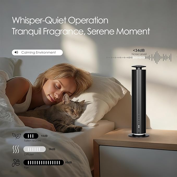 Waterless Essential Oil Diffuser, Long Lasting Aromatherapy Scent Diffuser for Home with Light Mode, 1500 Sq. Ft Coverage Quiet Oil Diffusers for Bedroom Safe for Kids&Pets, Black