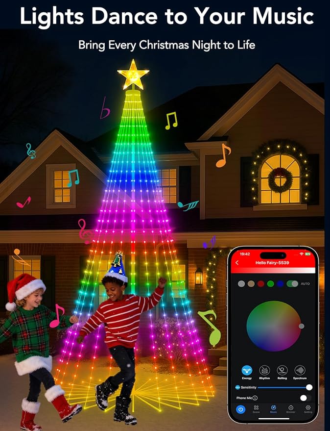 8 FT 340 LED Smart Christmas Trees Clearance Outdoor, Prelit Cone Tree with 16 Million DIY RGB LED Light Show, Lighted Artificial Tree with Remote APP Control Music Sync for Xmas Outdoor Decorations