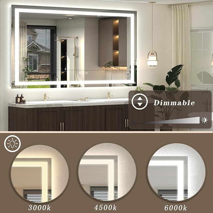 68x48 LED Lighted Mirror for Bathroom Wall Mounted, Dimmable Vanity Mirror with Lights, Anti-Fog, ETL Listed (Backlit and Front Lighted)
