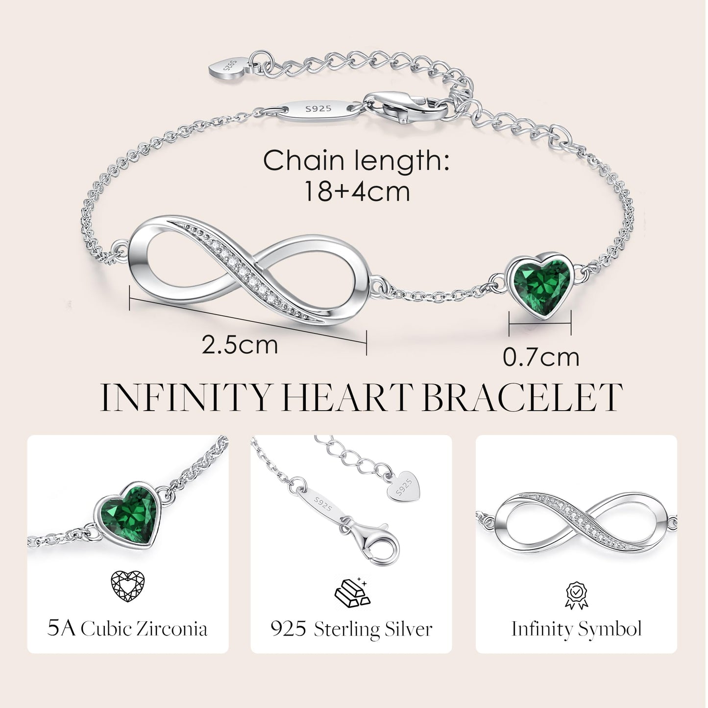 CDE Infinity Heart Symbol Charm Link Bracelet for Women 925 Sterling Silver Adjustable Mother's Day Gift Anniversary Jewelry Christmas Birthday Gifts for Wife Girlfriend Her