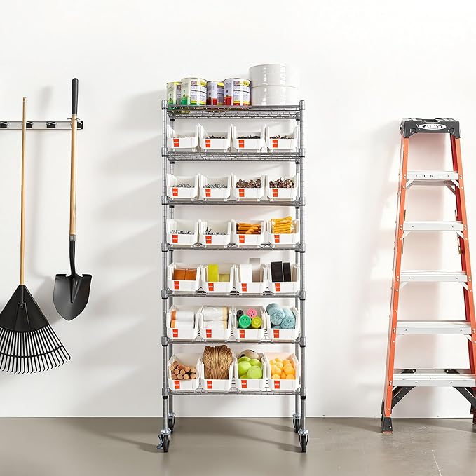VEVOR 7-Tier Rolling Bin Storage Rack, 24 Small Bins, Bin Rack Storage Steel Wire Shelving System with Wheels, Mobile Tool Organizer for Garage, Warehouse, Office, Restaurant, Classroom, Kitchen