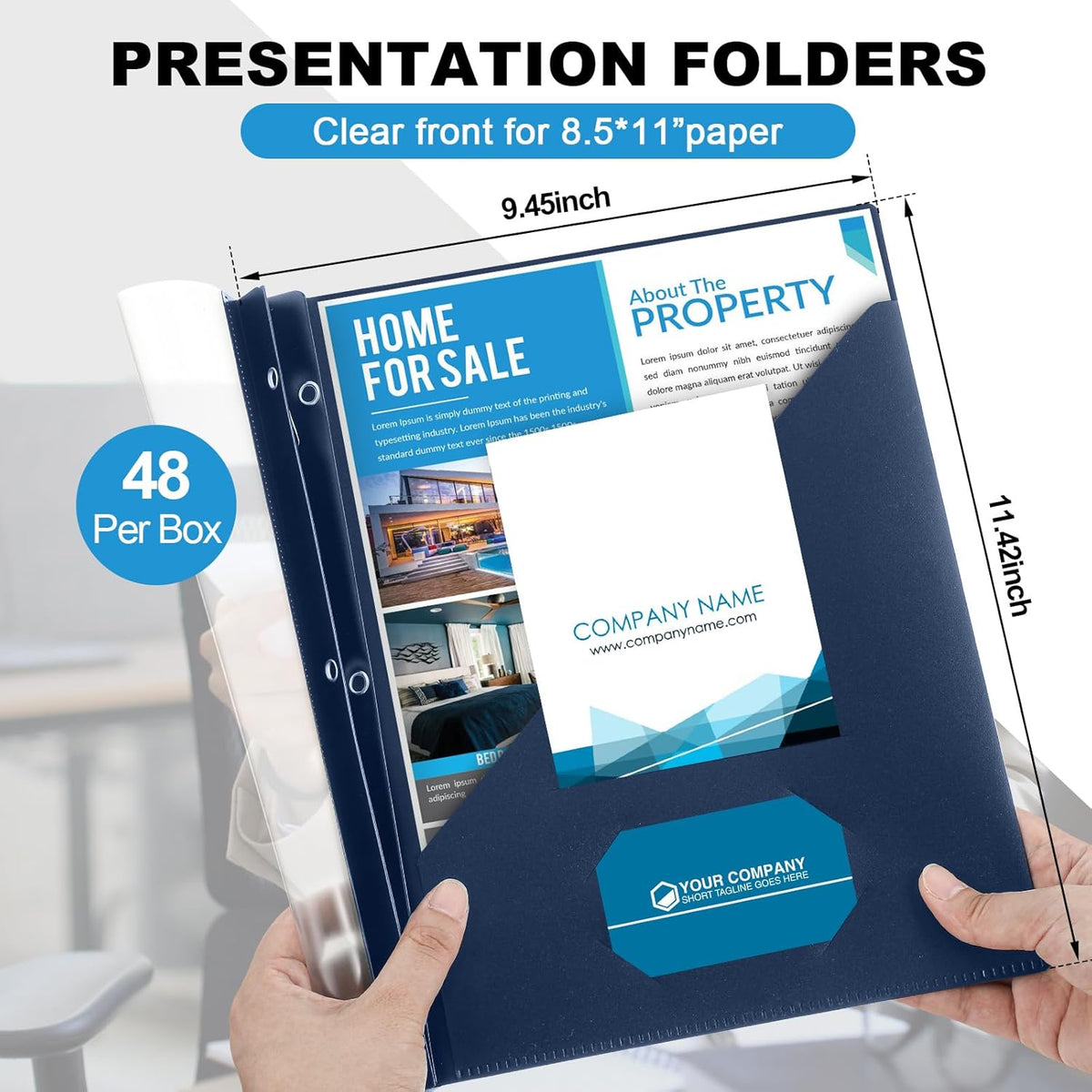 Teling 48 Pack Clear Front Report Covers with 3 Prongs Fasteners, 11.42 x 9.45 Inch Plastic Presentation Folders Bulk, 90 Sheet Capacity, Book File Covers for Office School Business, Navy Blue