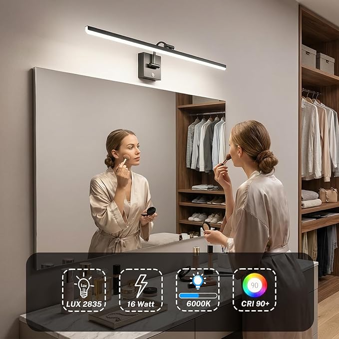 OSYNNIQ Bathroom Vanity Light, 34″ Wall Picture Art Modern Lighting Fixture Over Mirror Dimmable 16W 5000K LED Bar Rotatable Black Waterproof IP44 Wall Sconce for Makeup Shaving